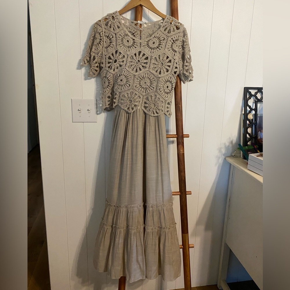 Elegant Crochet Top Maxi Dress in Tan
